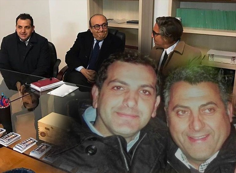Foto di vecchi amici e, dietro, la riunione con Vitali e Andrisano in casa Morgante