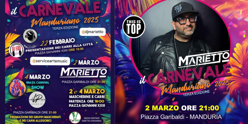 Oggi a Manduria esplode il carnevale con sfilata di carri e Dj Marietto