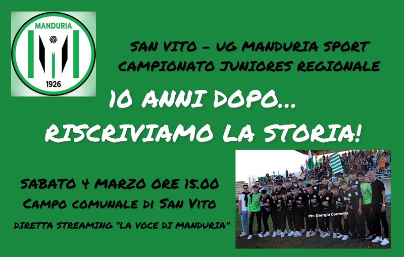 Il campionato nelle mani dei biancoverdi juniores, domani sul campo di San Vito dei Normanni