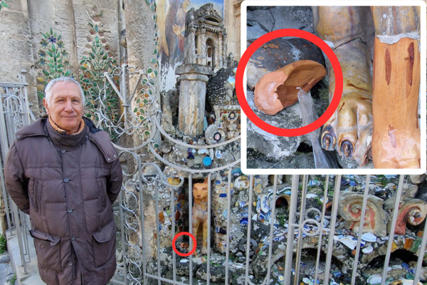 L'artista Gregorio Prudenzano, nel particolare l'orecchio staccato dalla statua