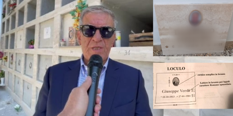 Gregorio Pecoraro, a destra i modelli delle nuove lapidi prive di portafiori