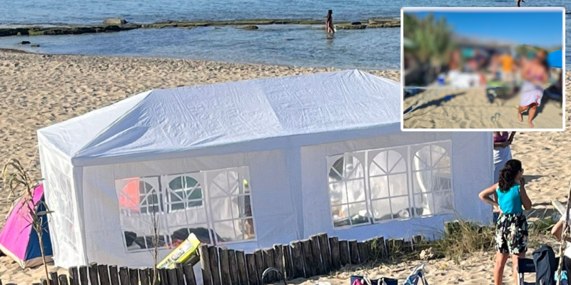 La tenda, nel riquadro il momento dello sgombero La tenda, nel riquadro il momento dello sgombero