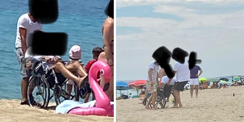La sedia con disabile trascinata sulla spiaggia La sedia con disabile trascinata sulla spiaggia
