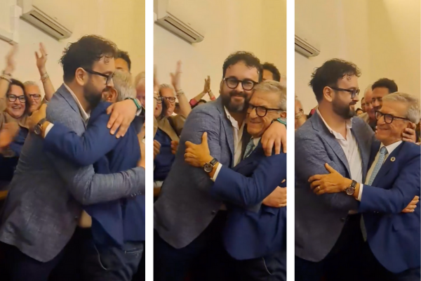 L'abbraccio di Pecoraro al neo presidente Palmisano, ora la nomina a Matino