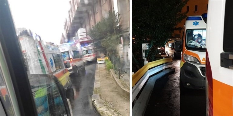 Il "trenino" di ambulanze al Santissima