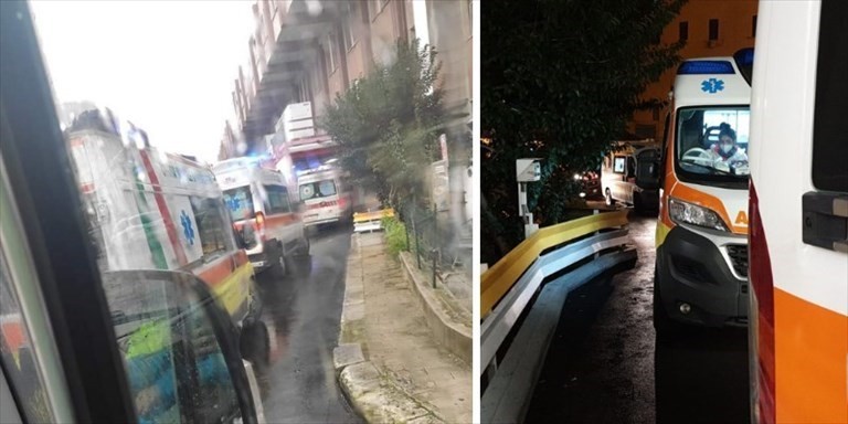 Il "trenino" di ambulanze al Santissima Il "trenino" di ambulanze al Santissima