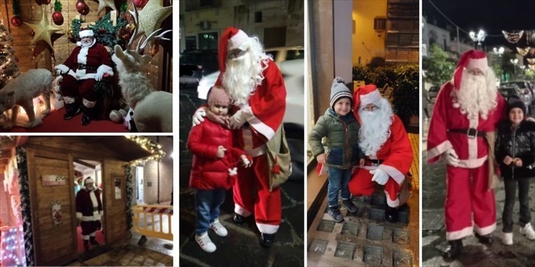 A sinistra, senza mascherina, il Babbo Natale nella casetta, a destra e al centro, con la mascherina, il Babbo Natale buono