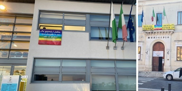 Bandiera arcobaleno sui palazzi di città a Manduria Bandiera arcobaleno sui palazzi di città a Manduria