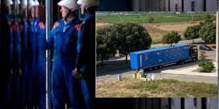 Tecnici E-Distribuzione con i grossi gruppi elettrogeni Tecnici E-Distribuzione con i grossi gruppi elettrogeni